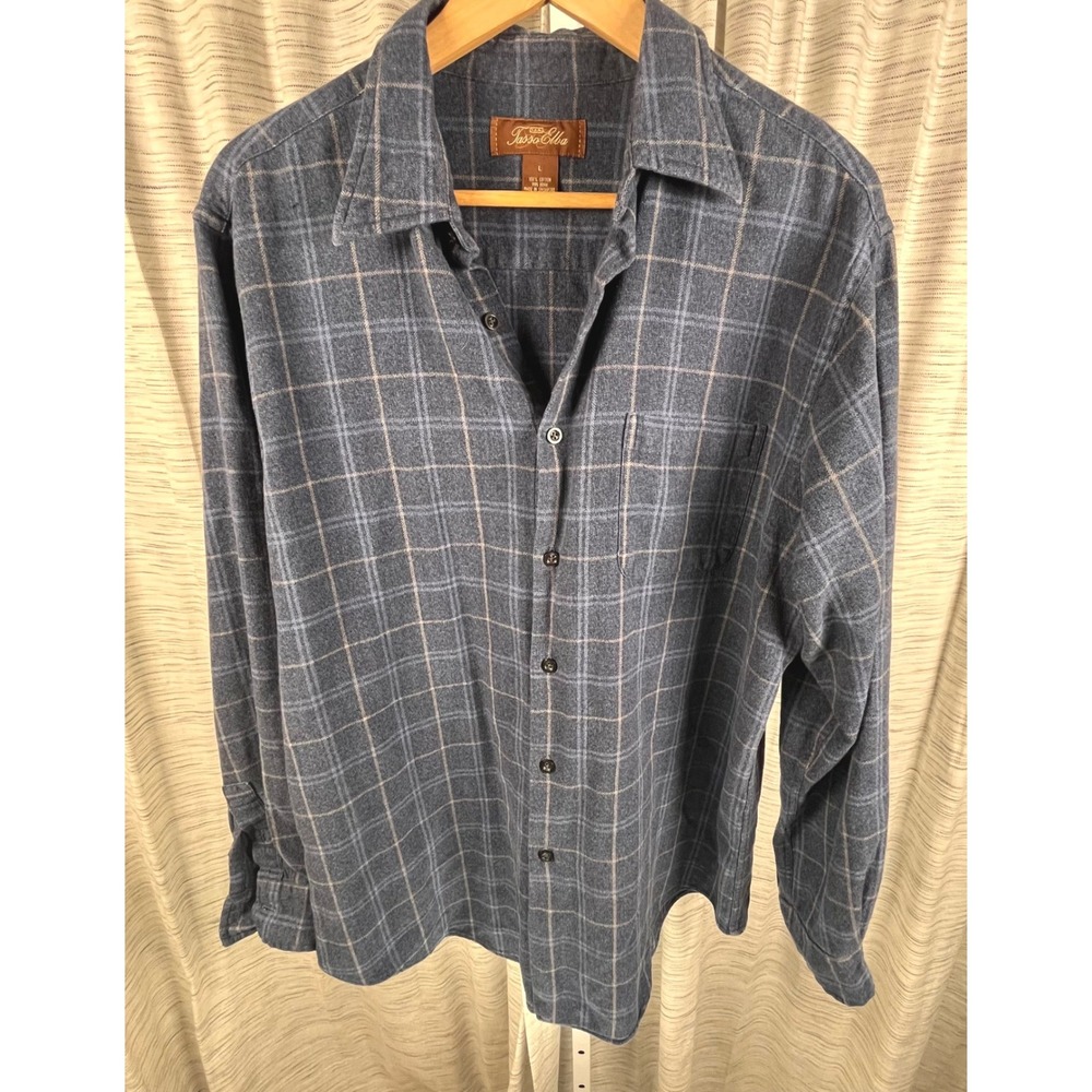 Tasso Elba Flannel Shirt‎ Blue Mens Large Plaid Cotton Long Sleeve EUC